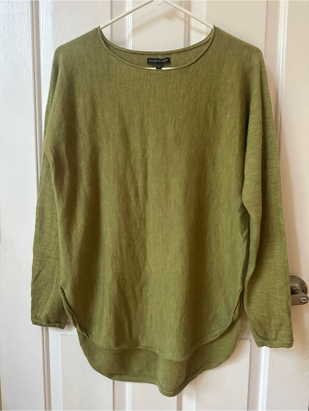 Eileen Fisher Olive Crewneck Lightweight Merino Wool Knit Sweater